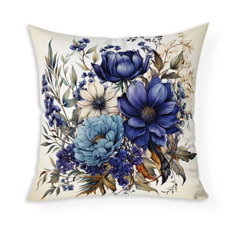 Coussin décoratif intérieur / extérieur Aster Amore, Bleu / Beige, H 26 po x l 26 po