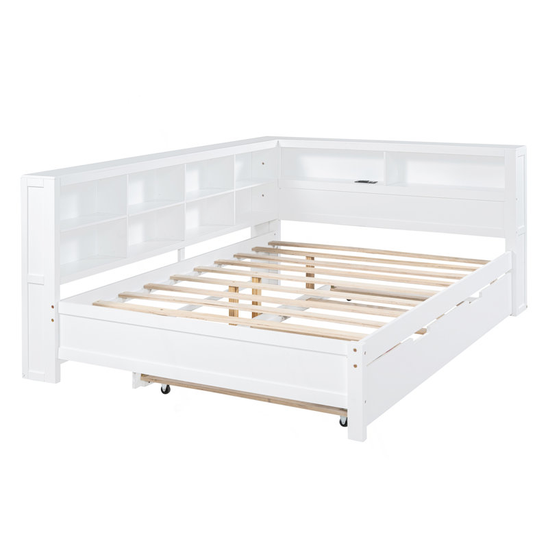 Wooden Full Size Daybed With Twin Size Trundle, Daybed With Storage Shelf And USB Charging Ports, Full/Double, White