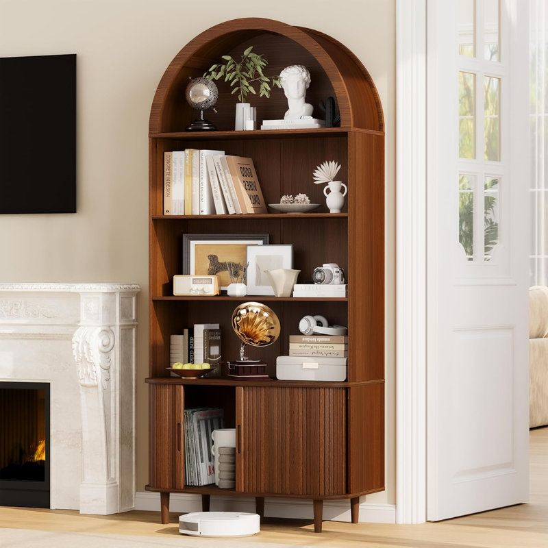 71" Arched Bookshelf, 5-Tier Arch Bookcase with Storage, Modern Farmhouse Book Shelf with Adjustable Shelves ＆Sliding Tambour Doors