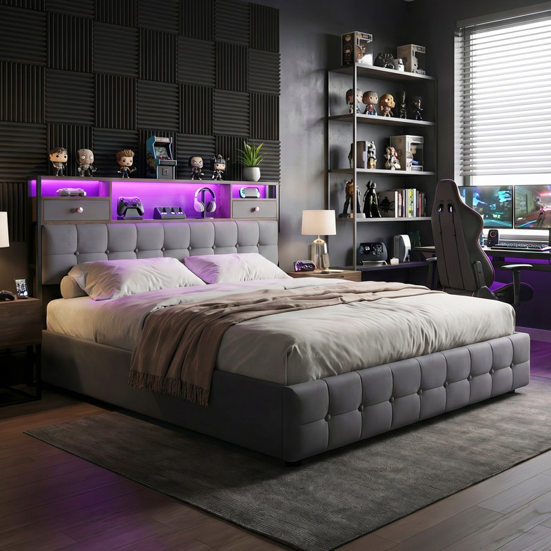 Velvet Storage Bed with 4 Drawers, Tufted Headboard with RGB LED & Charging Station, Beige/Grey, EU Double & King Size 140/160x200cm
