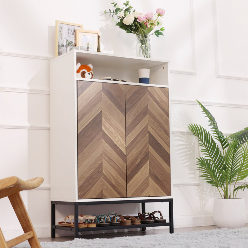 24 Pair Wood Grain Shoe Storage Cabinet with Removable Shelves for Entryway, White