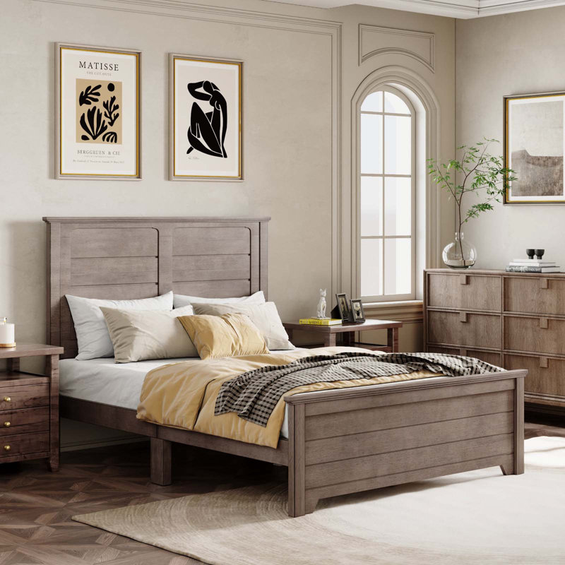 Modern Wooden Platform Bed with Panel Design Headboard, Queen, Ash Brown