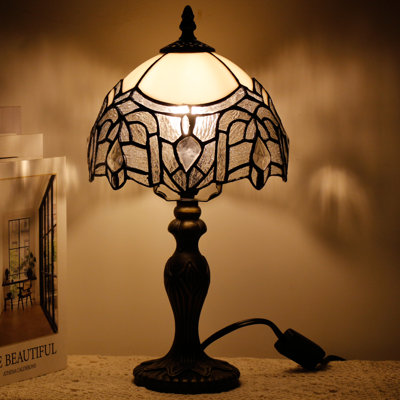 Small Tiffany Lamp White Stained Glass Table Lamp Mini Desk Accent Light for Bedroom Bedside Reading Home Antique Style Decor 8X15 Inches