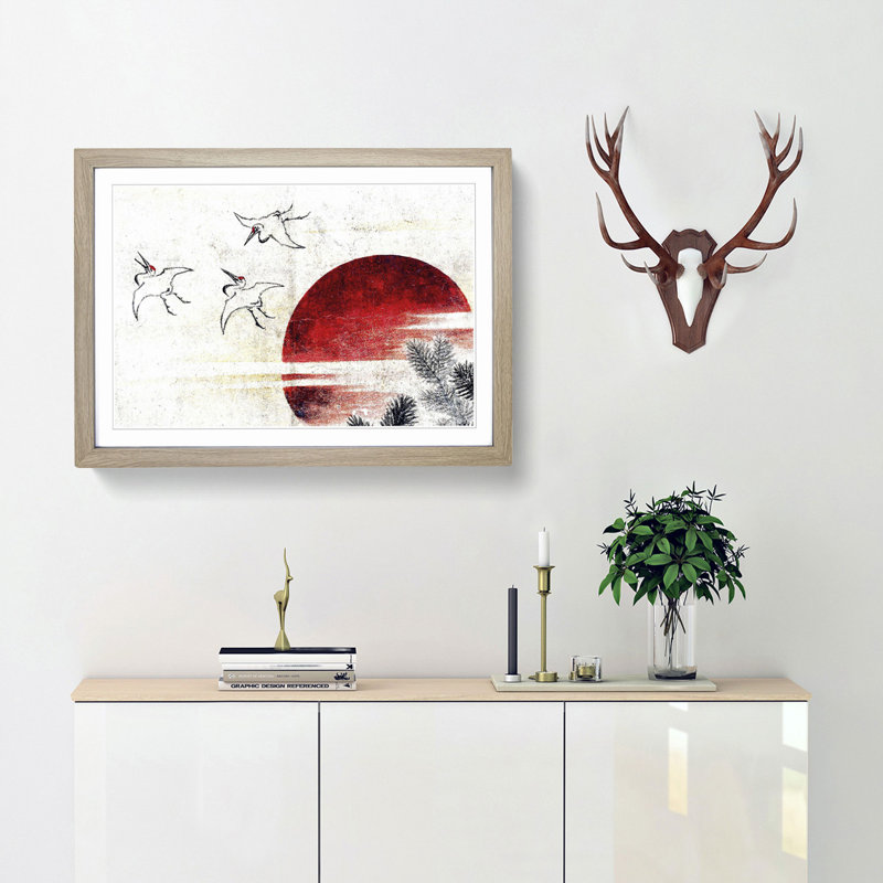 Cranes at Sunset by Katsushika Hokusai - Picture Frame Painting Print, 48cm H x 65cm W x 2cm D, Oak Framed