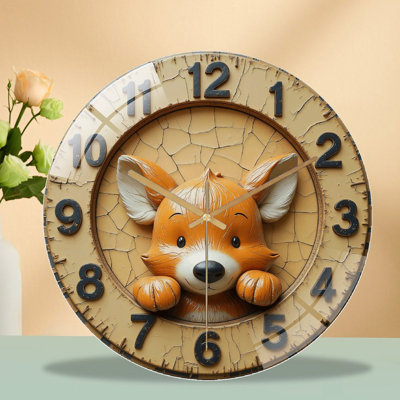 Cute Fox Wall Clock Decor for Home And Kids Room Art - 12'' Modern Glass Wall Clock