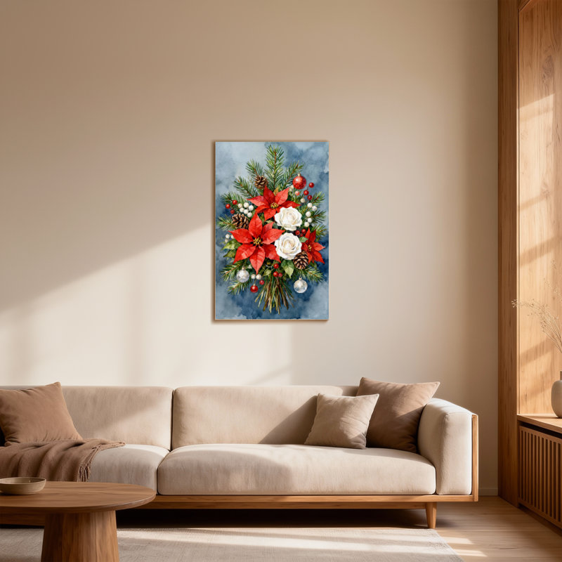 Arrangement floral de Noël avec poinsettias et pommes de pin