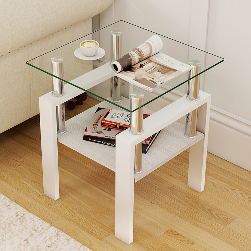 Ensemble de 2 tables de bout et table de bout en verre trempé moderne, Blanc