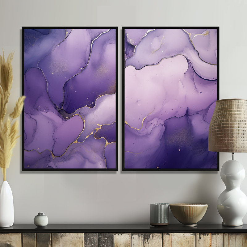 Nuage d'encre mauve et mauve pourpre - 2 panneaux muraux mauves, H 36 po x l 48 po, Impression encadrée flottante, Noir