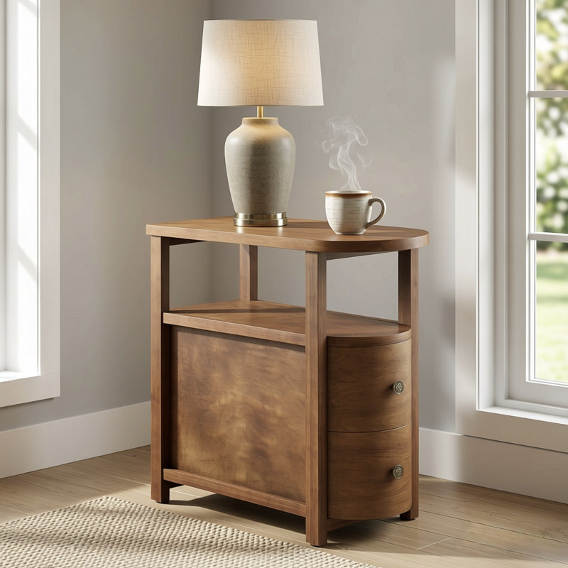 Solid Wood End Table With 2 Drawers, Fully Assembled Narrow Side Table, Slim Nightstand For Bedroom, Small Spaces, Living Room