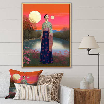 Femme japonaise traditionnelle sur fond de pleine lune, impression sur toile