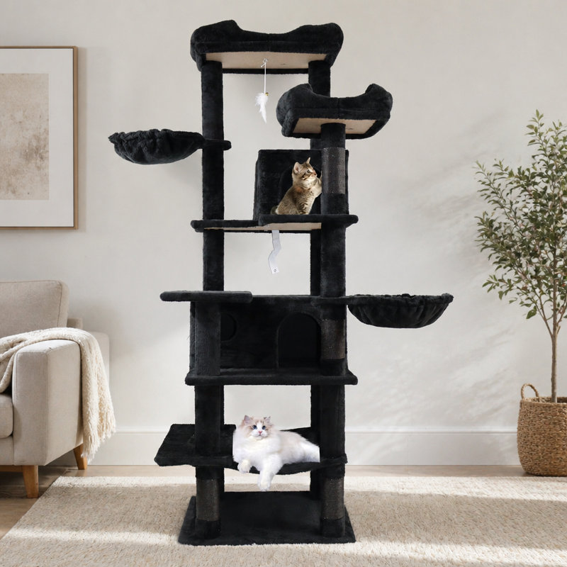 Arbre à chat vert à plusieurs niveaux de 173 cm de hauteur avec hamacs, panier suspendu, grotte pour chat, coussin amovible et poteaux à griffer - Tour à chat en peluche pour chats d'intérieur, idéal pour plusieurs chats
