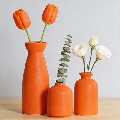 Set Of 3 Ceramic Decorative Vases For Home Decor, Modern Rustic Farmhouse Vase Set For Pampas Grass, Tabletop, Shelf, Bookshelf, Mantel And Entryway Display