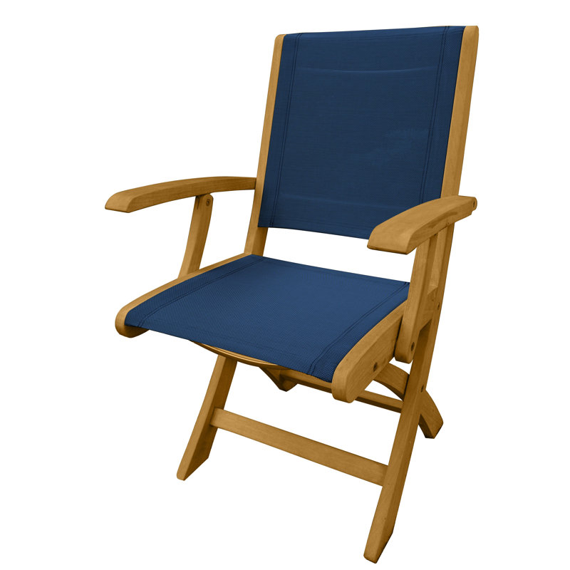 Riviera Teak Outdoor Sling Folding Dining Armchair, Natural/Navy 