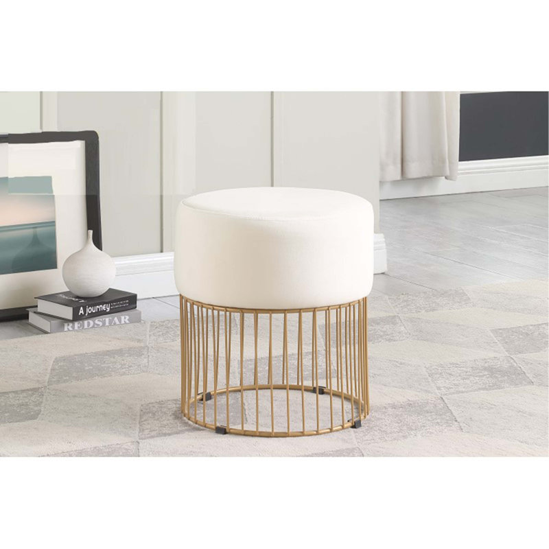 1Pc Round Velvet Accent Ottoman With Luxurious Gold Frame, Comfy Upholstered Ottoman, Cream