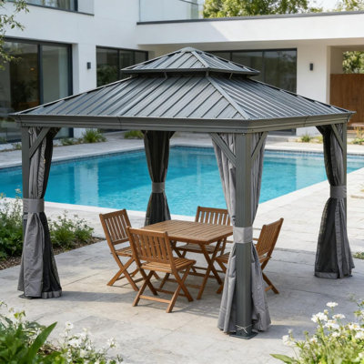 13X13ft Outdoor Gazebo, Hardtop Gazebo With Galvanized Steel Double Roof, Metal Gazebos With Drainage System Patio Pergola For Patio Deck Backyard,Curtain And Netting,Gray