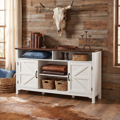 Rustic Western Farmhouse Sideboard Buffet Cabinet with Barn-Style Hinged Doors, 58 Inch Adjustable Storage Console Cabinet, Antique White Wood Coffee Bar Cabinet for Entryway, Dining & Living Room