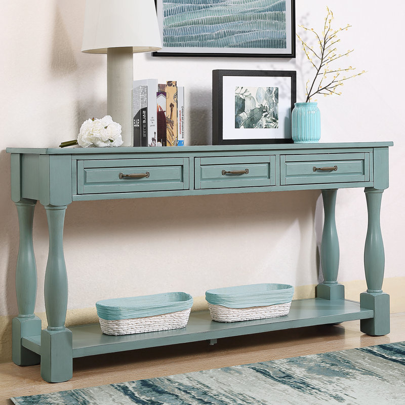 Console de 63 po de long en bois avec 3 tiroirs et 1 tablette inférieure pour le vestibule, Bleu rétro