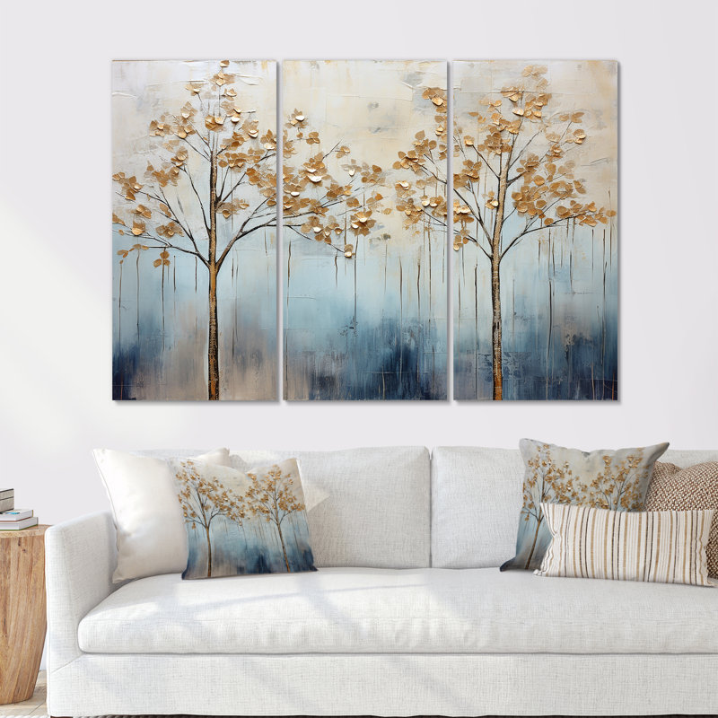 Minimalisme, arbres dorés et bleus scène VI - ensemble d'art mural sur toile, Toile tendue, H 32 po x l 48 po x P 1 po