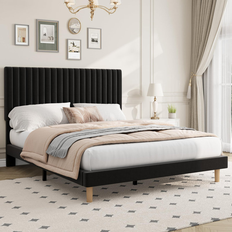 Full Size Velvet Upholstered Platform Bed Frame with Adjustable Height Headboard, No Box Spring Needed, Easy Assembly - Black