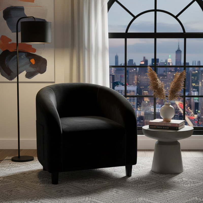 Boucle Fabric Barrel Chairs, With Soft Cushion, Black Boucle