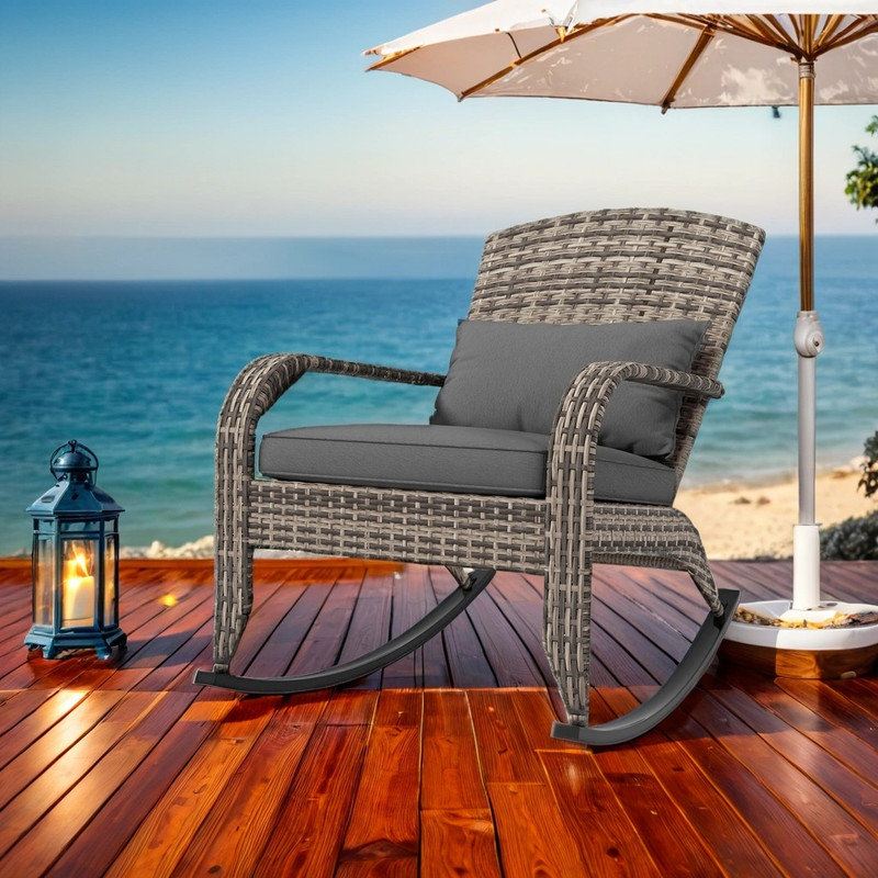 All-Weather Wicker Adirondack Rocking Chair with Cushions, Gray, Gray