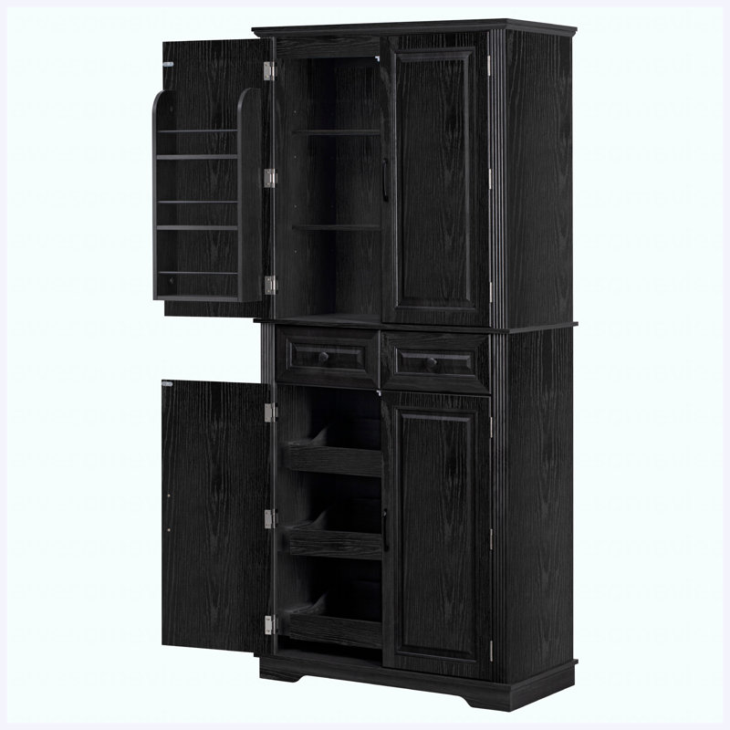 71" Tall Farmhouse Kitchen Pantry Cabinet, Black Freestanding Storage Cupboard with 3 Pull-Out Organizers, 6 Door Shelves & 2 Drawers for Kitchen, Dining Room