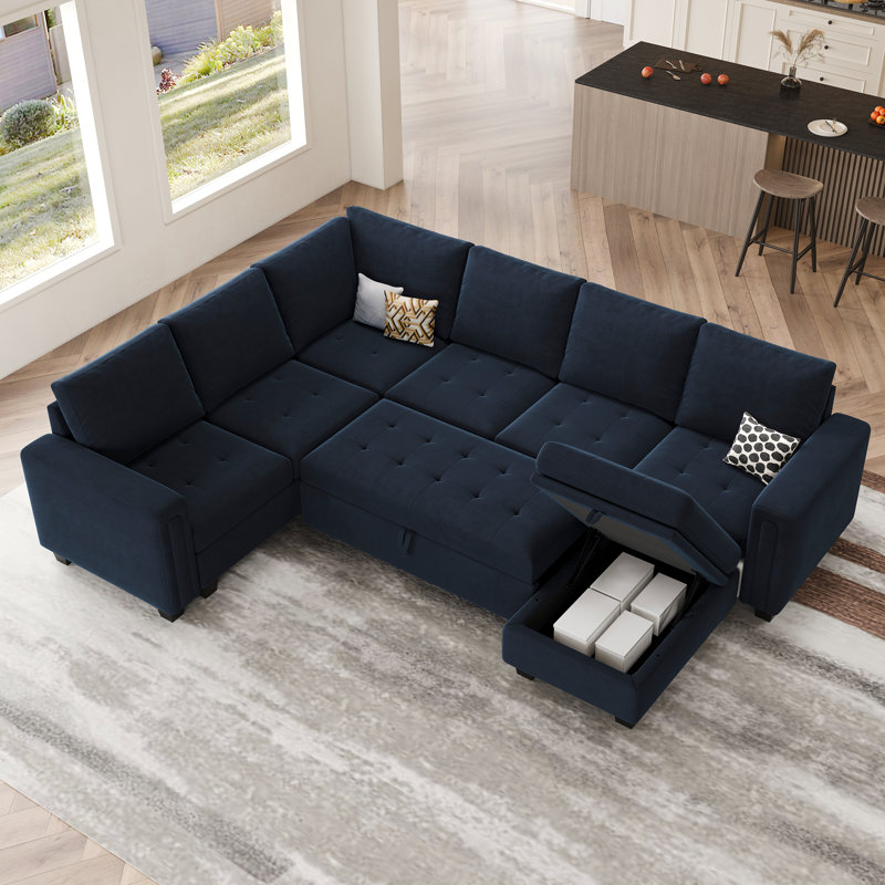 Canapé-lit modulaire en L avec repose-pieds Shavera, Velours bleu
