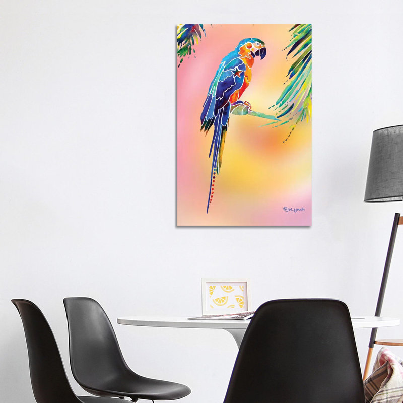 «Tropical Parrot» par Jo Lynch - peinture sur toile tendue, H 40 po x l 26 po x P 1,5 po