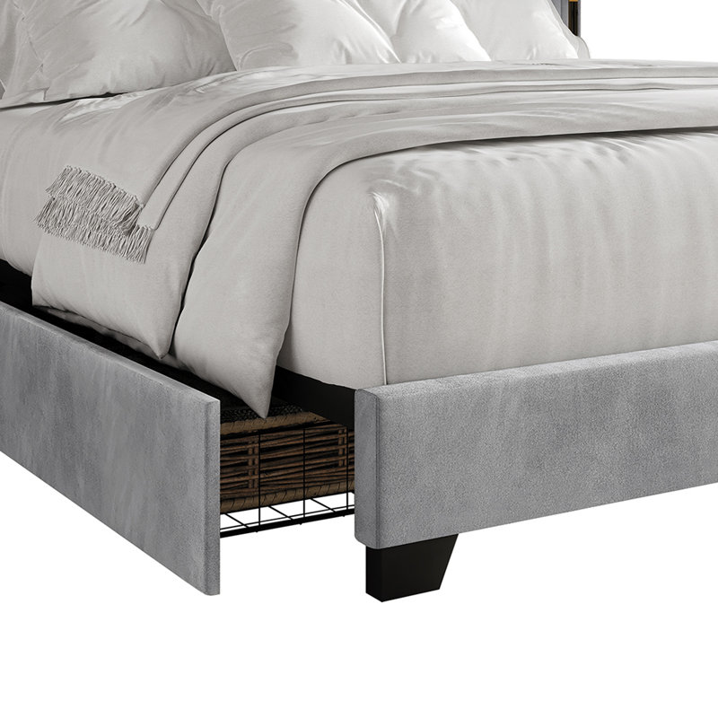 Lit plateforme double avec rangement en velours bleu marine, Très grand, Gris argenté
