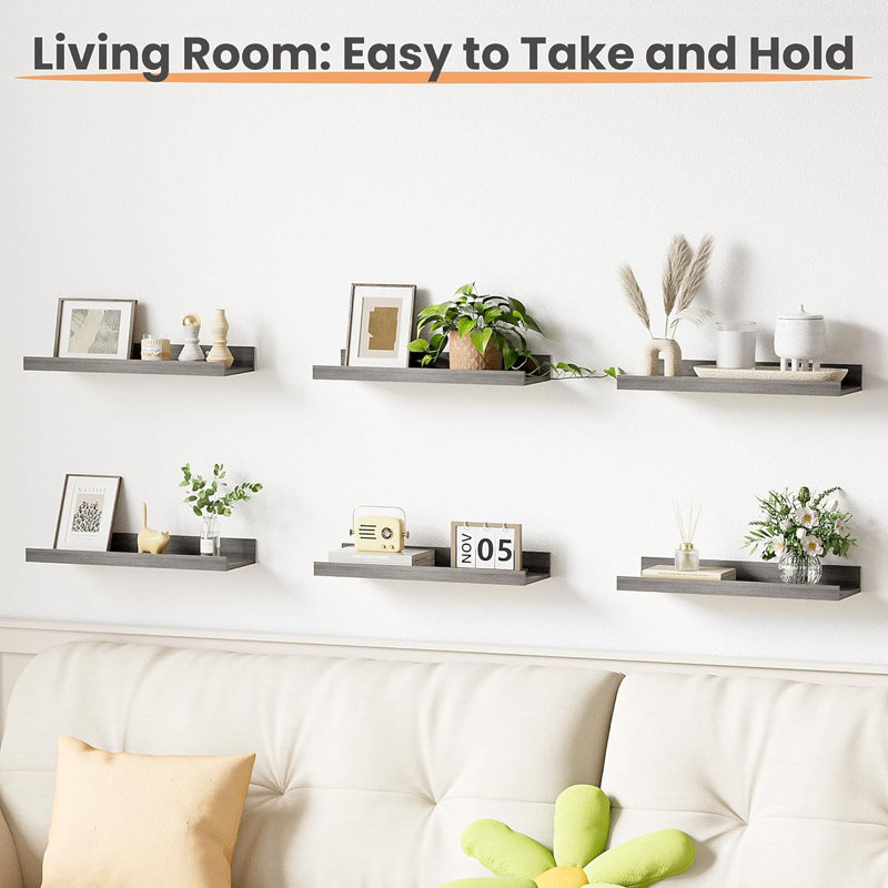 Floating wall shelf for decorative storage, set of 6, 1.7'' H x 15.7'' W x 5.1'' D