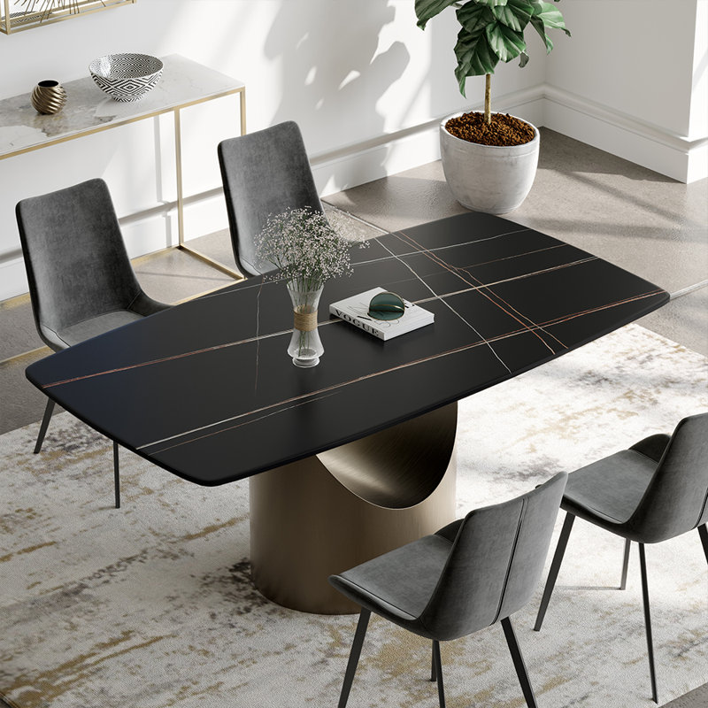 Table de salle à manger moderne Hobart avec plateau en pierre frittée rectangulaire, Noir, P 39,37 po x L 78,74 po