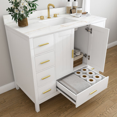 Meuble-lavabo moderne en bois massif de 42 po avec lavabo, comptoir en pierre frittée blanche de Carrare de 43 po avec 3 trous pré-percés pour robinetterie, 2 portes doubles à fermeture douce et 9 tiroirs spacieux avec glissières (blanc)