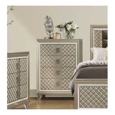 Luxury Champagne Finish 4-Drawer Chest with Beveled Mirror Trim - Modern Bedroom Furniture with Acrylic Feet and Rhinestone Pulls