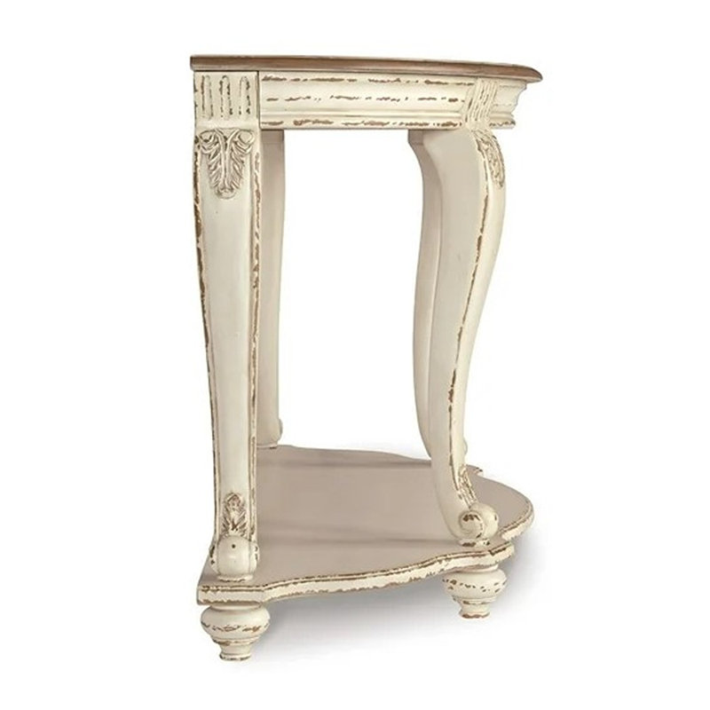 Realyn Demilune Sofa Table with Storage in Distressed White/Brown
