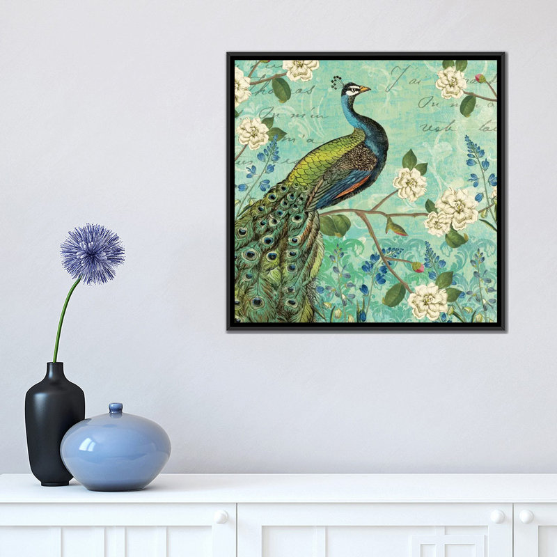 Peacock Arbor V, impression sur toile tendue, H 18 po x l 18 po x P 1,5 po, Toile encadrée noire, Pas de tapis