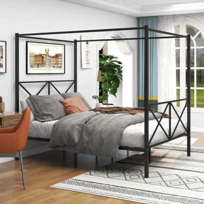 Queen Metal Canopy Bed Frame, Platform Bed with X-Shaped Design, Sturdy Steel Construction, Modern Black