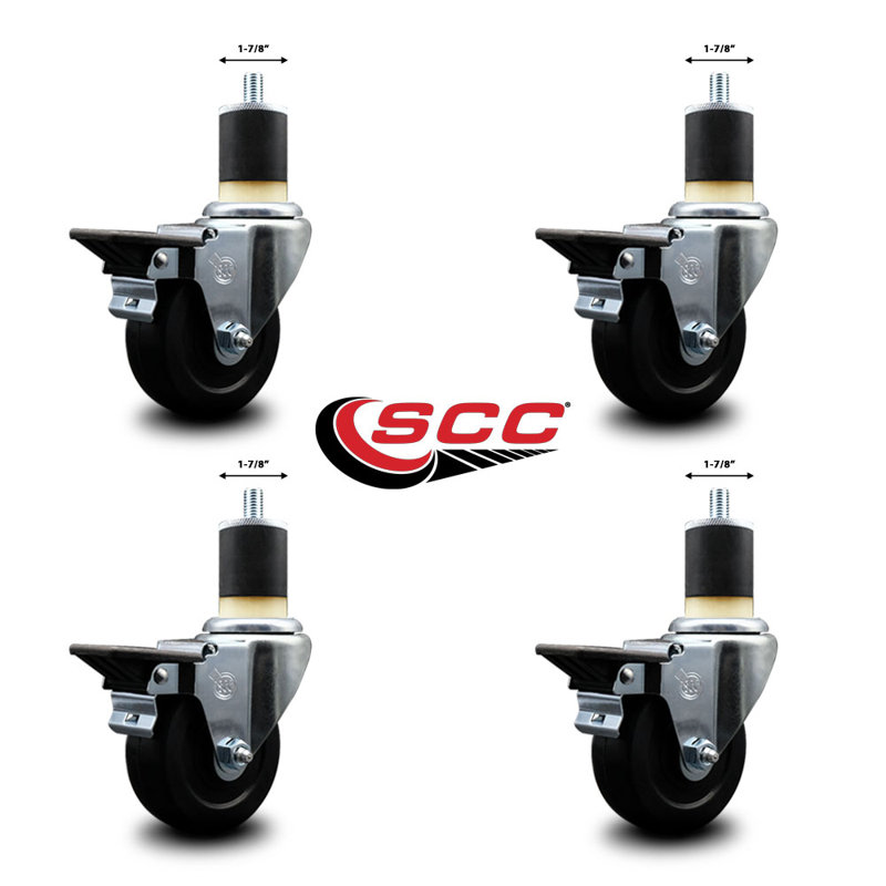 Soft Rubber Swivel Expanding Stem Caster Set with Brake SCC PLB 3.5" x 1-7/8"