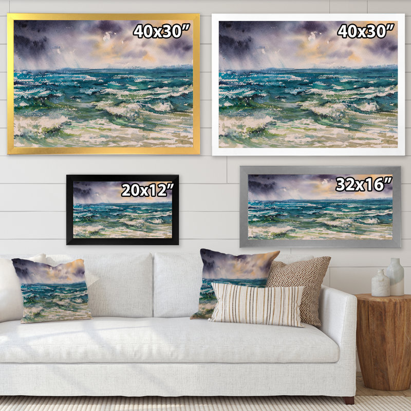 Vagues de mer et ciel dramatique - peinture sur toile, H 16 po x l 32 po, Toile avec cadre de coin noir fermé
