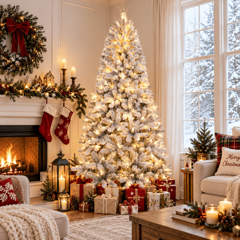 4.5/5.5/6.5/7/7.5/8/9 FT Prelit Snow Flocked Artificial Christmas Tree with Incandescent Warm White Lights, Sturdy Metal Hinges & Collapsible Base, Easy Assembly, Snow Flocked Full Prelighted Xmas Tree W Branch Tips, White