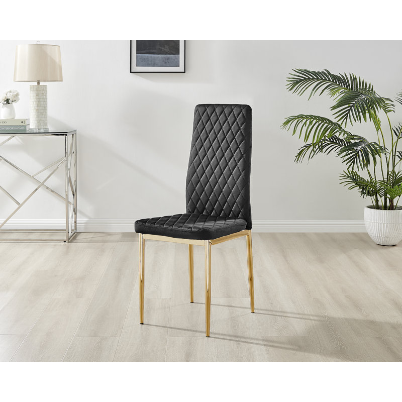 Keensburg Luxury Velvet Modern Tall Back Dining Chairs with Metal Legs & Diamond Stitching, Black, Gold, 6