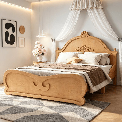 Lit plateforme en bois sculpté rétro, lit plateforme avec tête de lit et support à lattes, cadre de lit en bois massif, lit plateforme à profil bas, lit en bois pour chambre d'amis dans une ferme, aucun sommier nécessaire