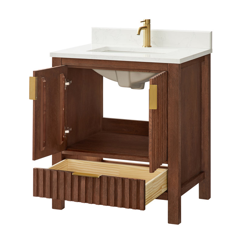 Meuble-lavabo à simple cuve 30 po en chêne brun foncé avec plateau en pierre composite à grain blanc, 30"