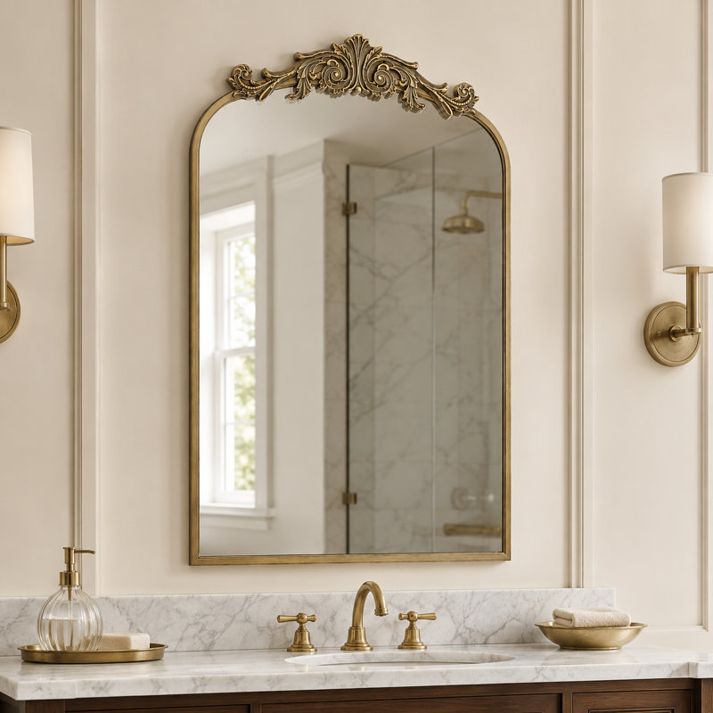 Miroir mural antique antique arqué avec cadre floral, 36" x 24"