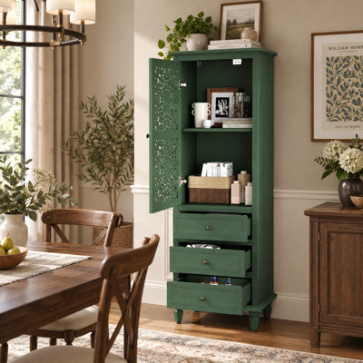 Meuble d'appoint vintage de style ferme de 160 cm de haut avec porte sculptée et 3 tiroirs, meuble de rangement autoportant pour salon, entrée ou salle à manger