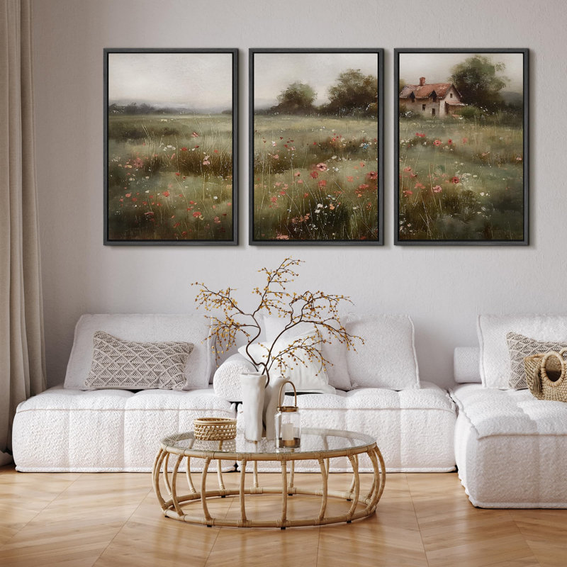 " Tranquil Meadow Cottage In Misty Fields Serene Pastoral " 3 - Pieces, H 24 po x l 16 po x P 1,5 po, Noir