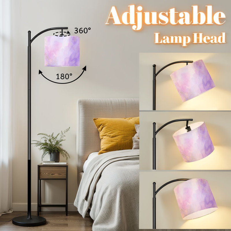 Lampe sur pied à arc avec abat-jour réglable Lampe sur pied en marbre de couleur rose lavande liquide abstrait à 3 températures de couleur à intensité variable avec interrupteur au pied pour chambre à coucher