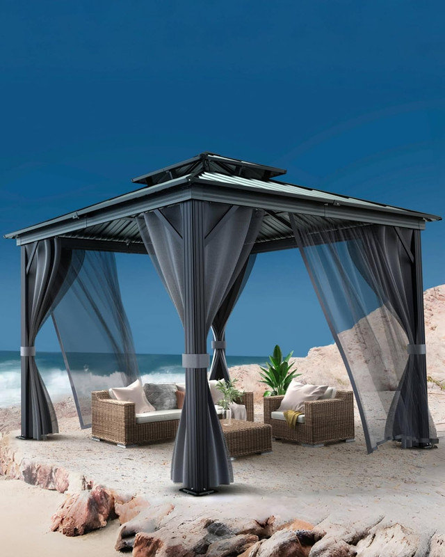Hardtop Gazebo with Double Metal Roof, Aluminum Frame & Netting for All Weather Outdoor Use, 118" H x 120" W x 120" D