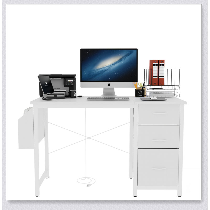 47.3"office desk with power outlet,3 drawers,Side Pocket, Study Desk Easy to Assemble,Frame stability Reversible for home desk, company computer desk, game table,Vanity table