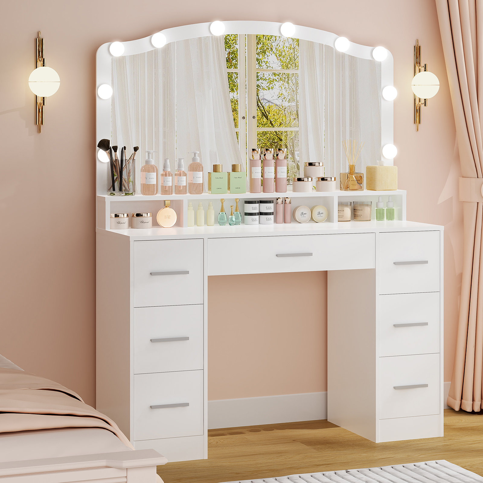 Latitude Run® Kelila Makeup Vanity Desk with Lighted Mirror and Charging  Station & Reviews