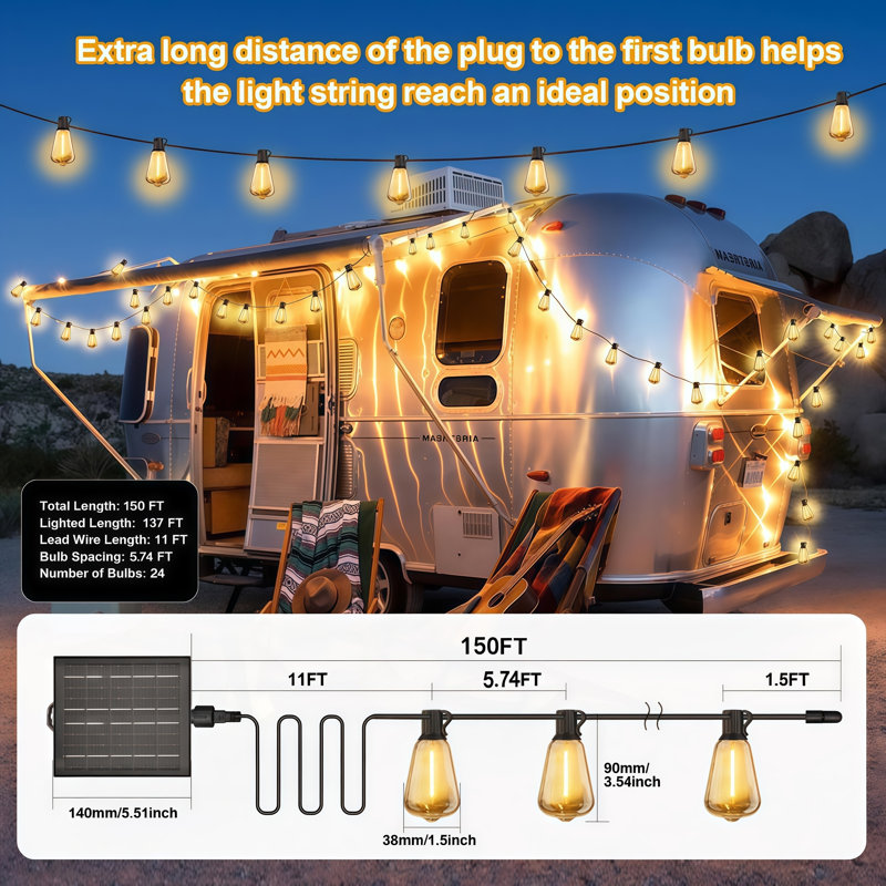 Solar Powered St38 String Lights 150Ft With Remote Control, 8 Light Modes Weatherproof Shatterproof 24 Led Filament Bulbs, Large 11.5*13.5Cm Solar Panel For Backyard Porch Cafe Garden Roof